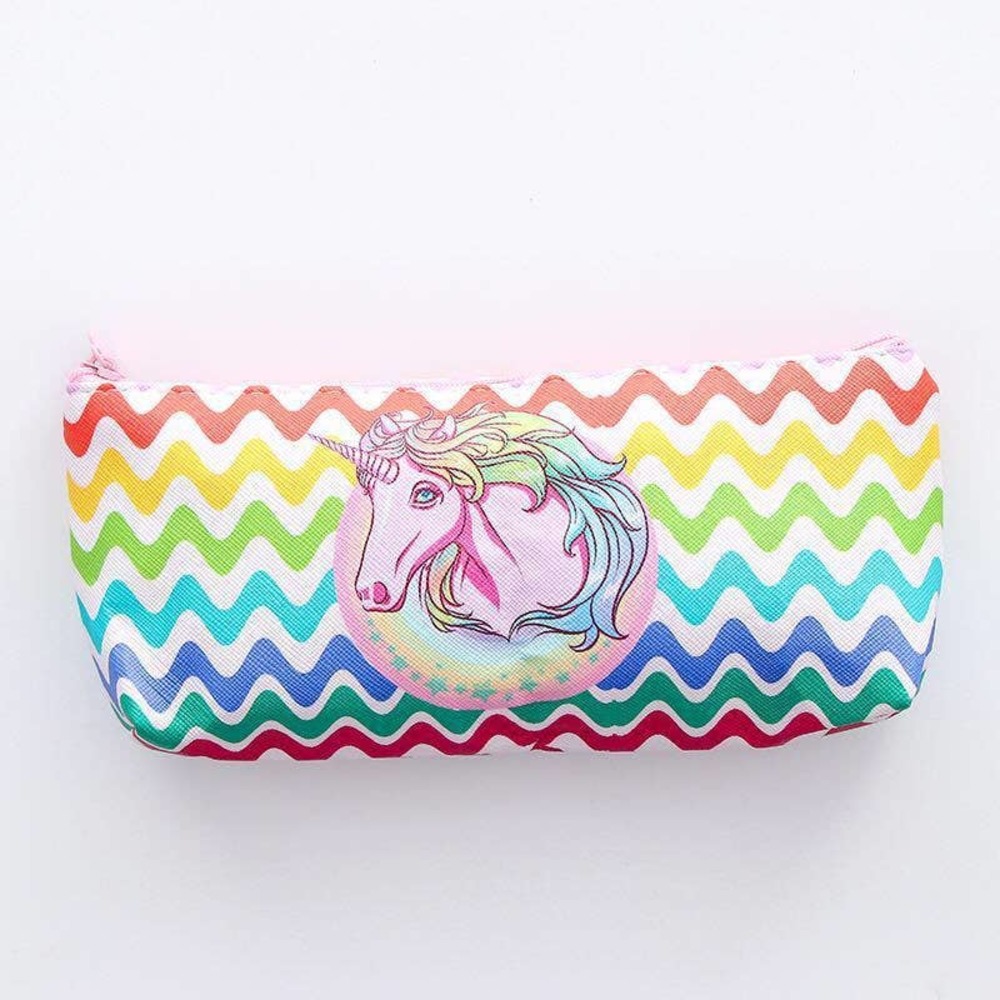 Wave Pattern Unicorn Pencil‎ Case/Makeup Bag Floral Gel Pen Bundle~~NWOT